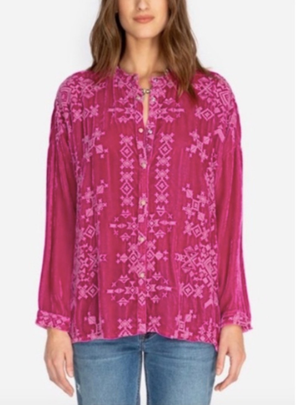 Johnny Was Ellen Embroidered Fuschia Snap Front Velvet Blouse Small